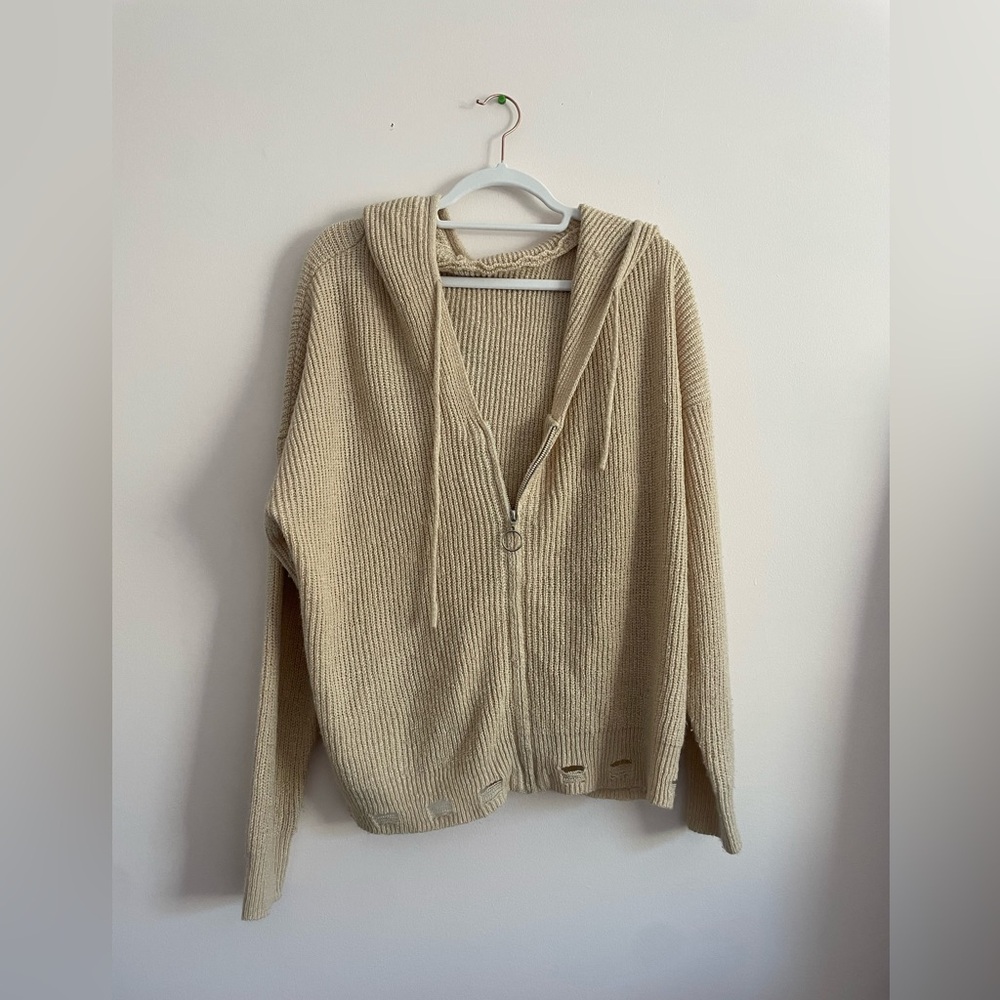 Distressed apricot zip up sweater jacket